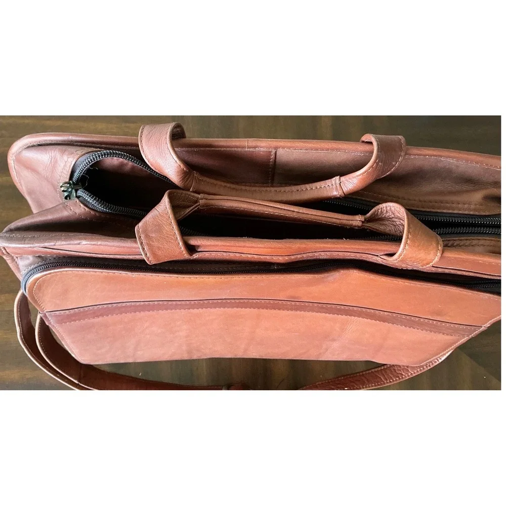 USL Vintage Leather Briefcase Messenger Bag Cognac Brown Multi Pocket Laptop Bag